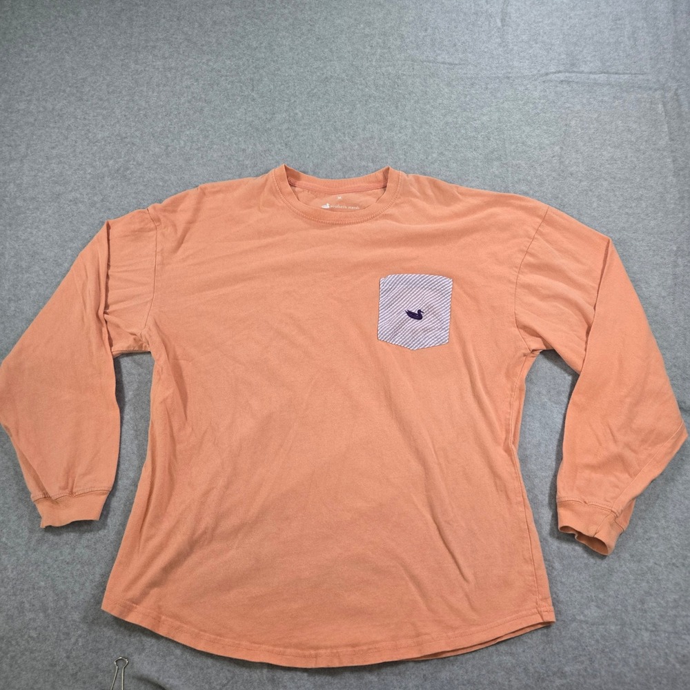 Southern Marsh Mens Long Sleeve Pocket T-Shirt Coral Orange Seersucker Logo M